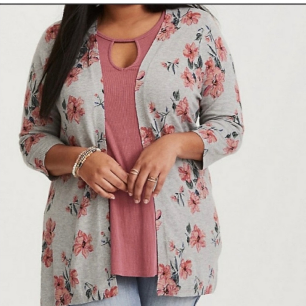 TORRID Floral Knit Cardigan | gray & coral | size 2